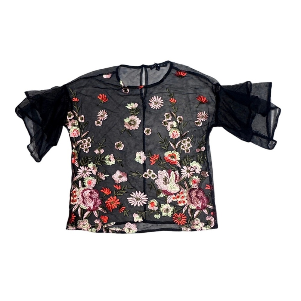Haute Monde‎ Black Mesh Floral Embroidered Whimsigoth Top Flutter Sleeve Small
